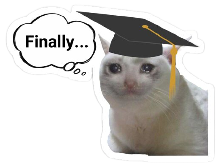 Gatito con birrete de graduación y el texto Finally