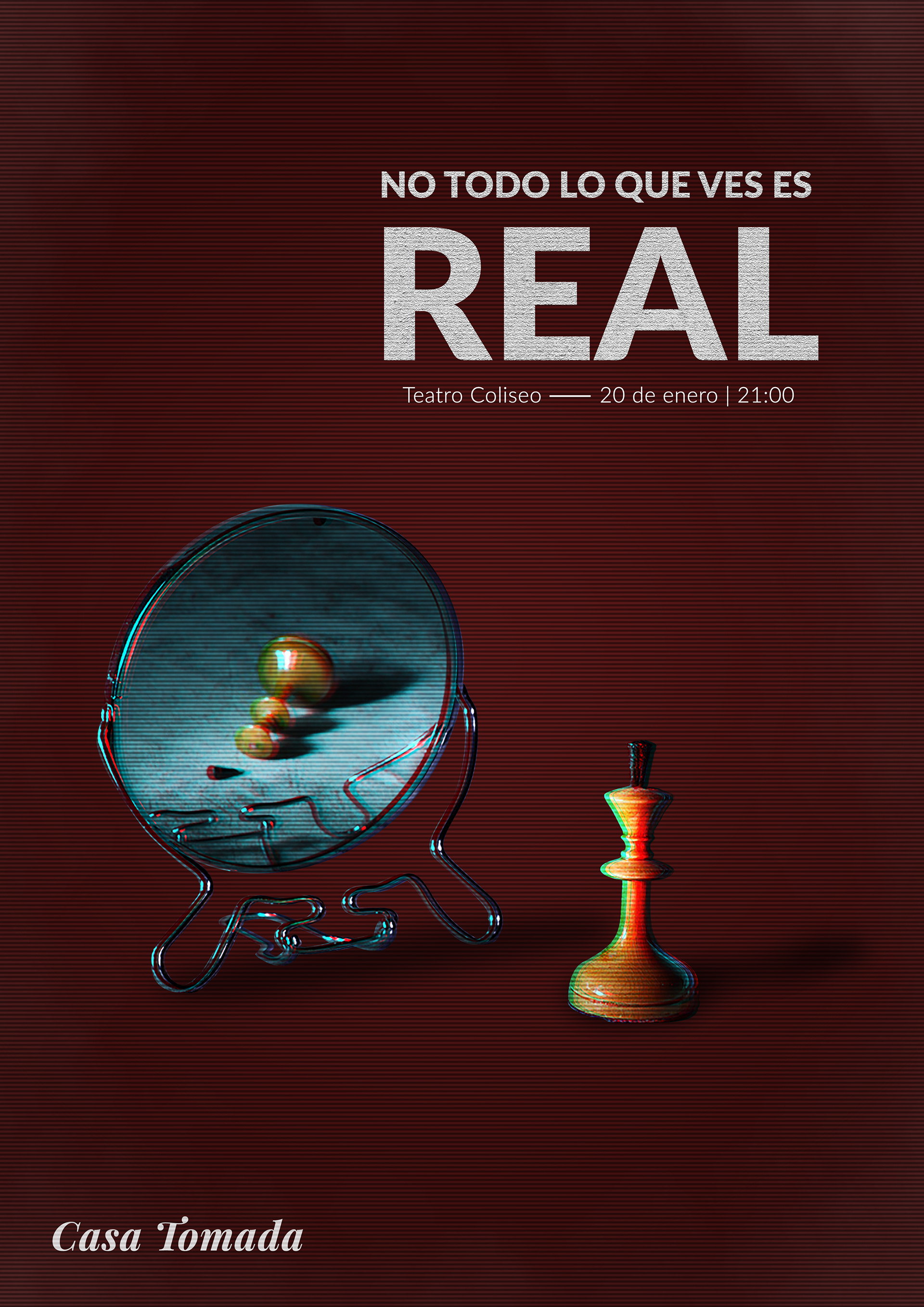 Afiche rojo de Casa tomada: No todo lo que ves es real. Una pieza de ajedrez frente a un espejo que muestra un reflejo diferente.