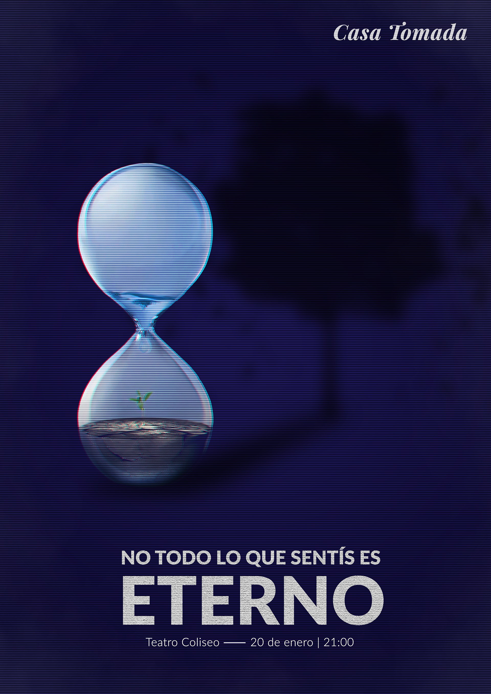 Afiche azul de Casa tomada: No todo lo que sentís es eterno. Un reloj de arena contiene una pequeña planta.