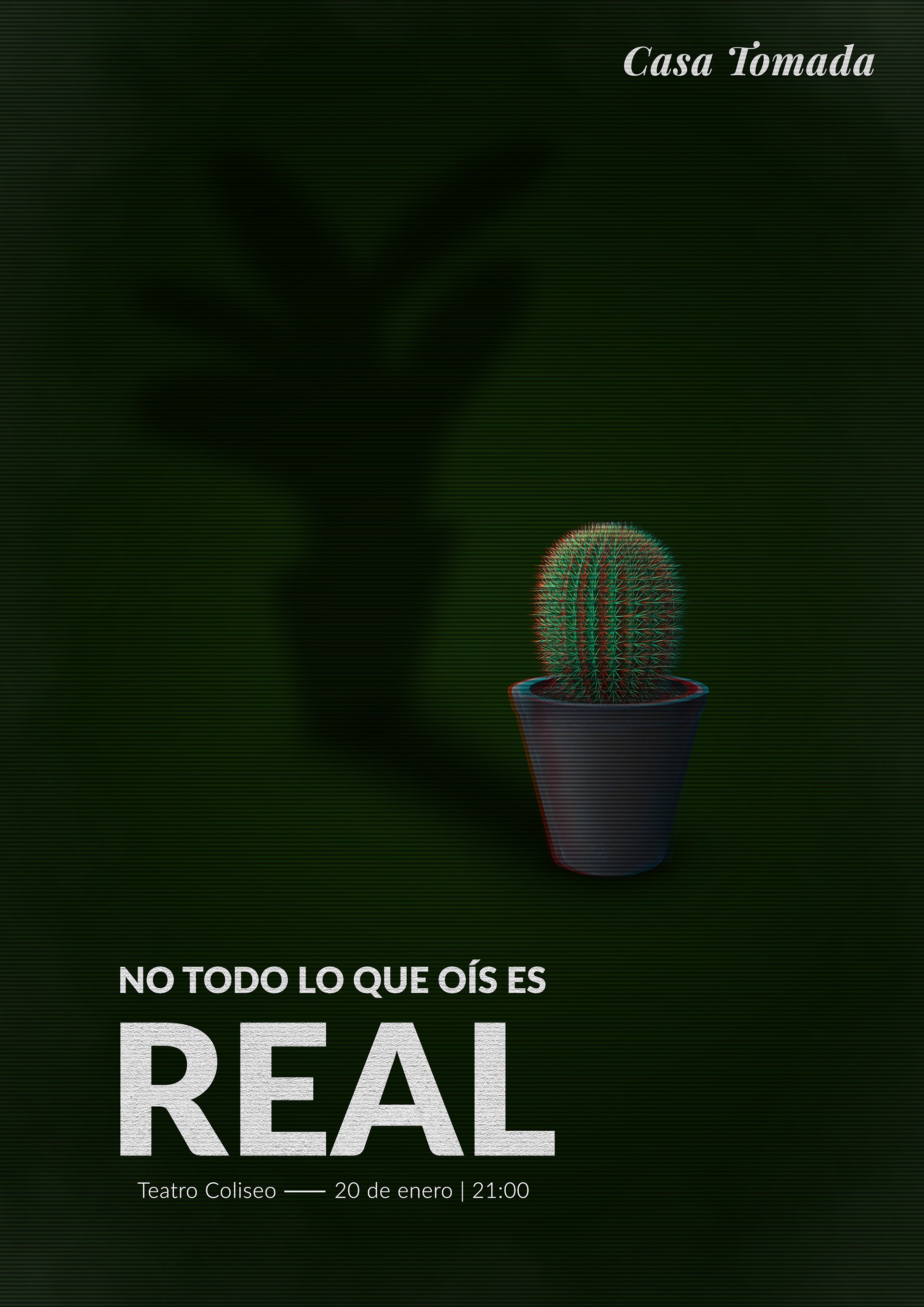 Afiche verde de Casa tomada: No todo lo que oís es real. Un cactus proyecta una sombra que no coincide con su forma.