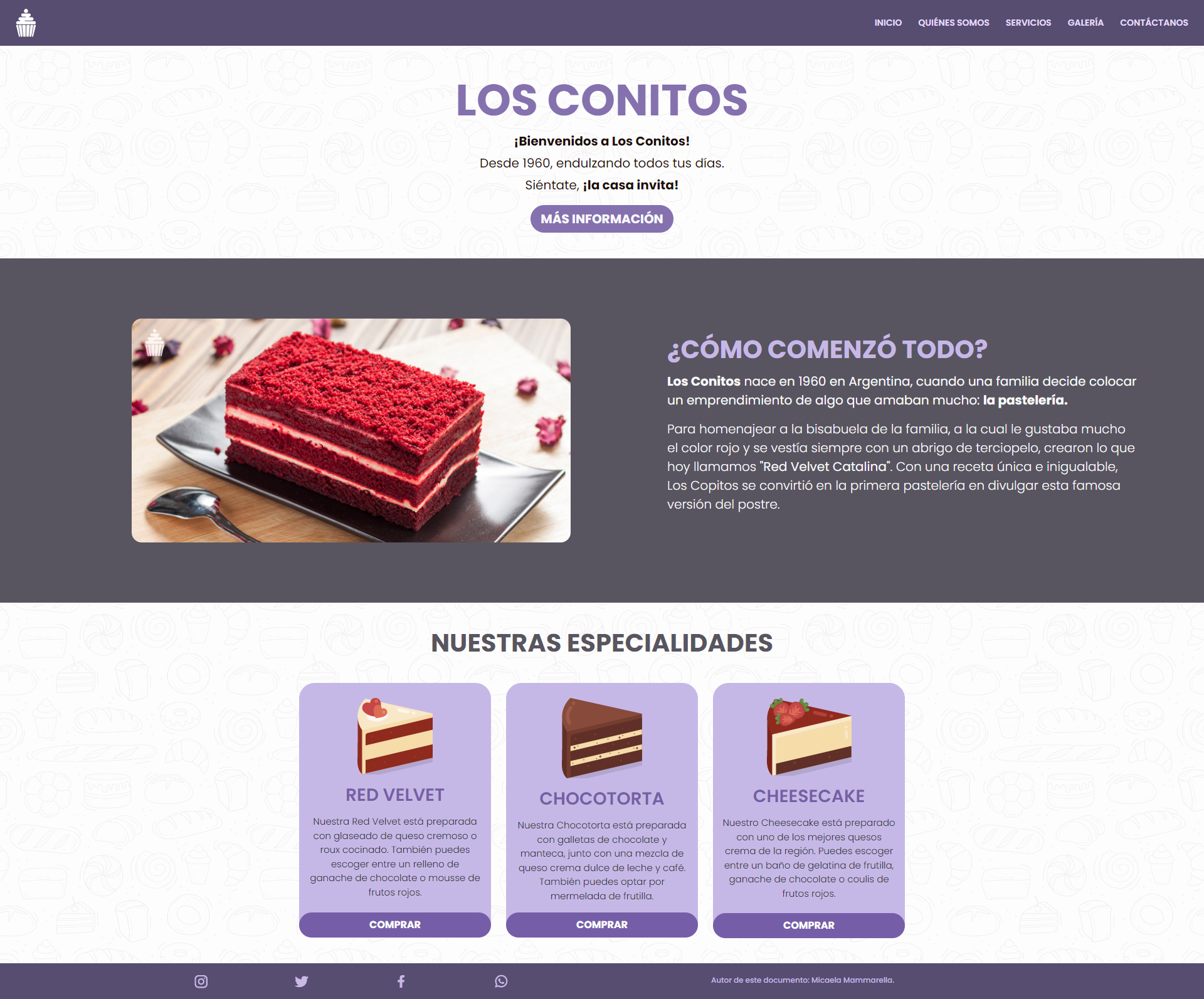 Captura de la página de Los Conitos, con la bienvenida, la historia de la pastelería y sus especialidades