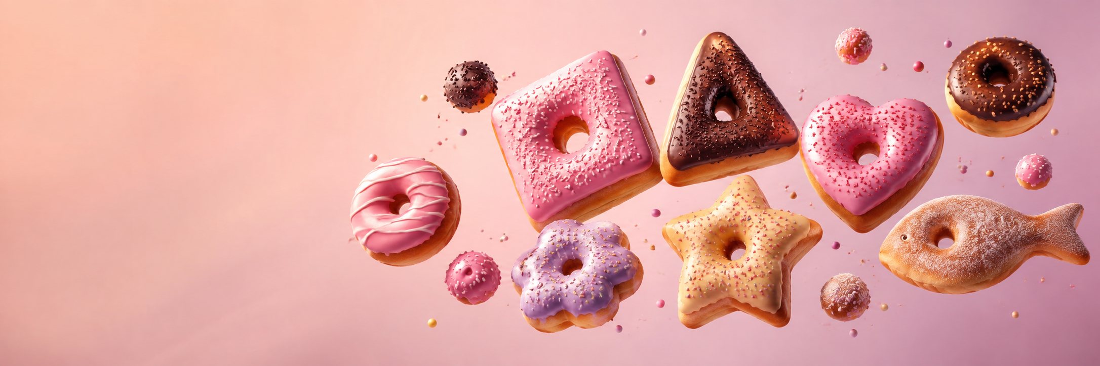 Donas de distintas formas suspendidas sobre un fondo rosa