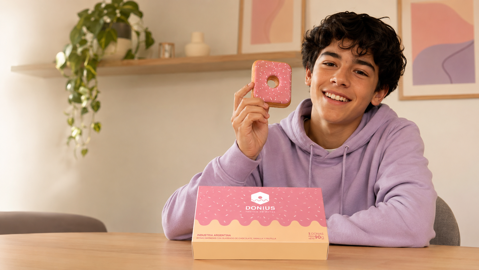 Joven mostrando una dona cuadrada junto a una caja de DONIUS