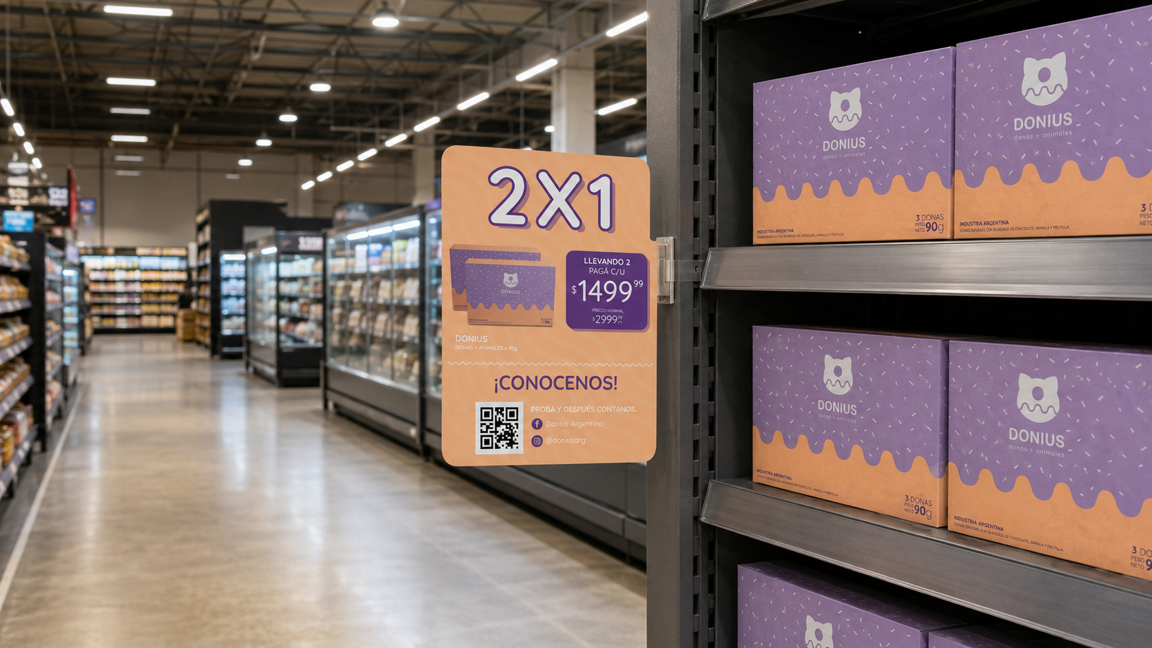 Saliente promocional de DONIUS aplicado en una góndola