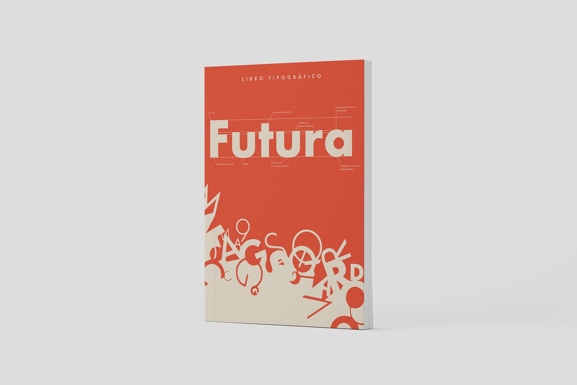 Mockup del libro tipográfico Futura, con la cubierta naranja sobre un fondo gris