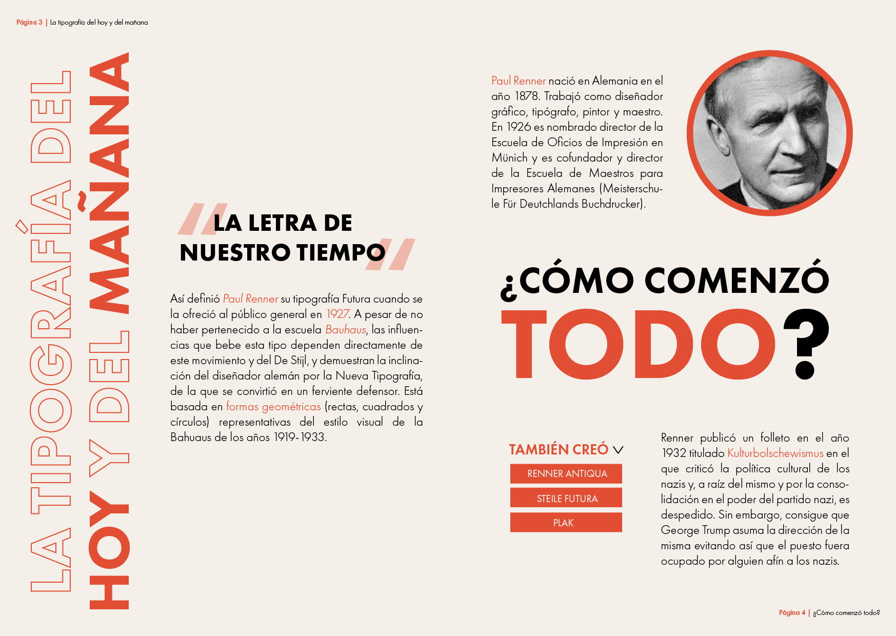 Páginas 3 y 4: introducción a Futura y biografía de Paul Renner