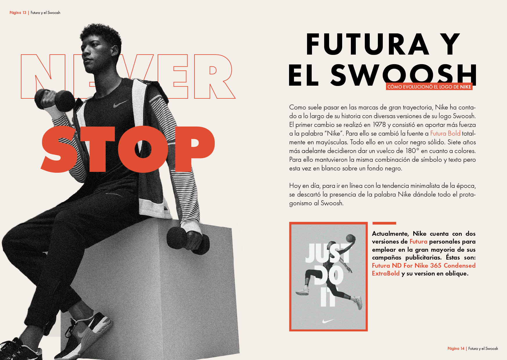 Páginas 13 y 14: Futura en la identidad de Nike