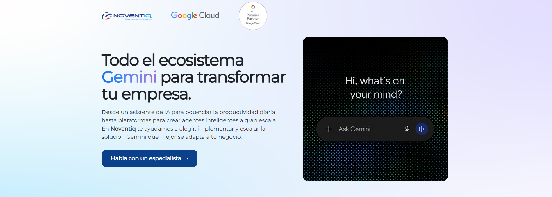 Captura del inicio de la landing Ecosistema Gemini para Noventiq, con su presentación y acceso a un especialista