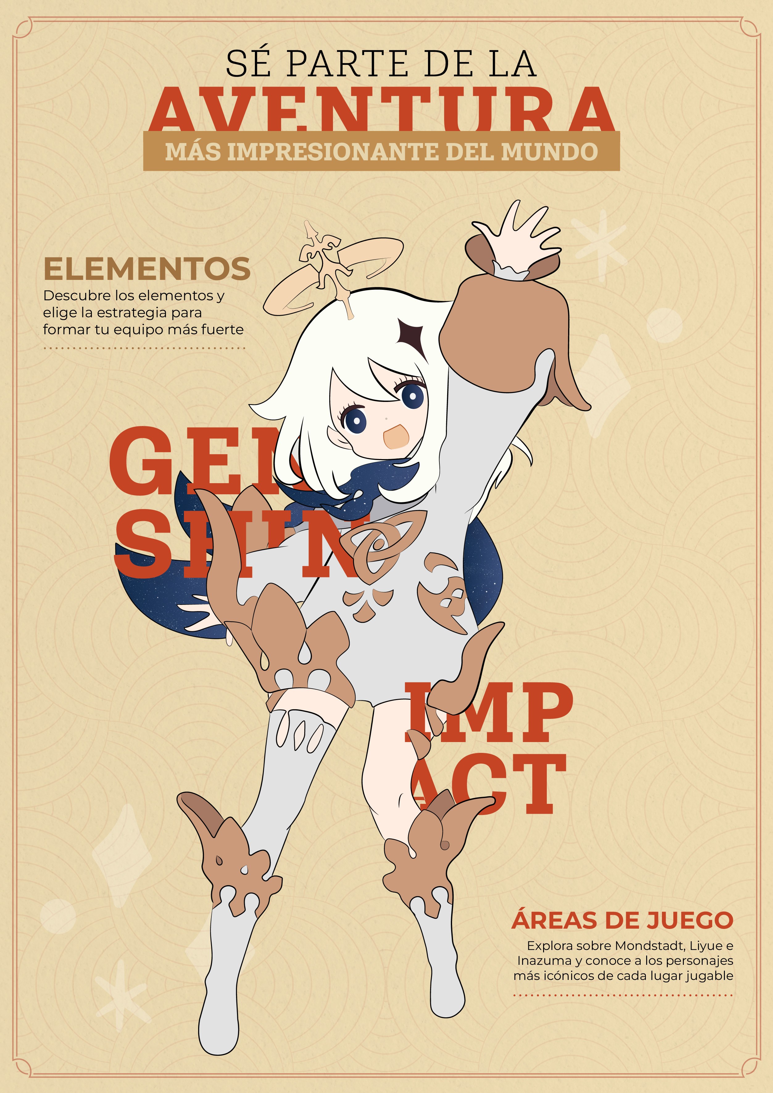Portada vertical del revipóster de Genshin Impact, con Paimon y su halo sobre un fondo cálido con texturas