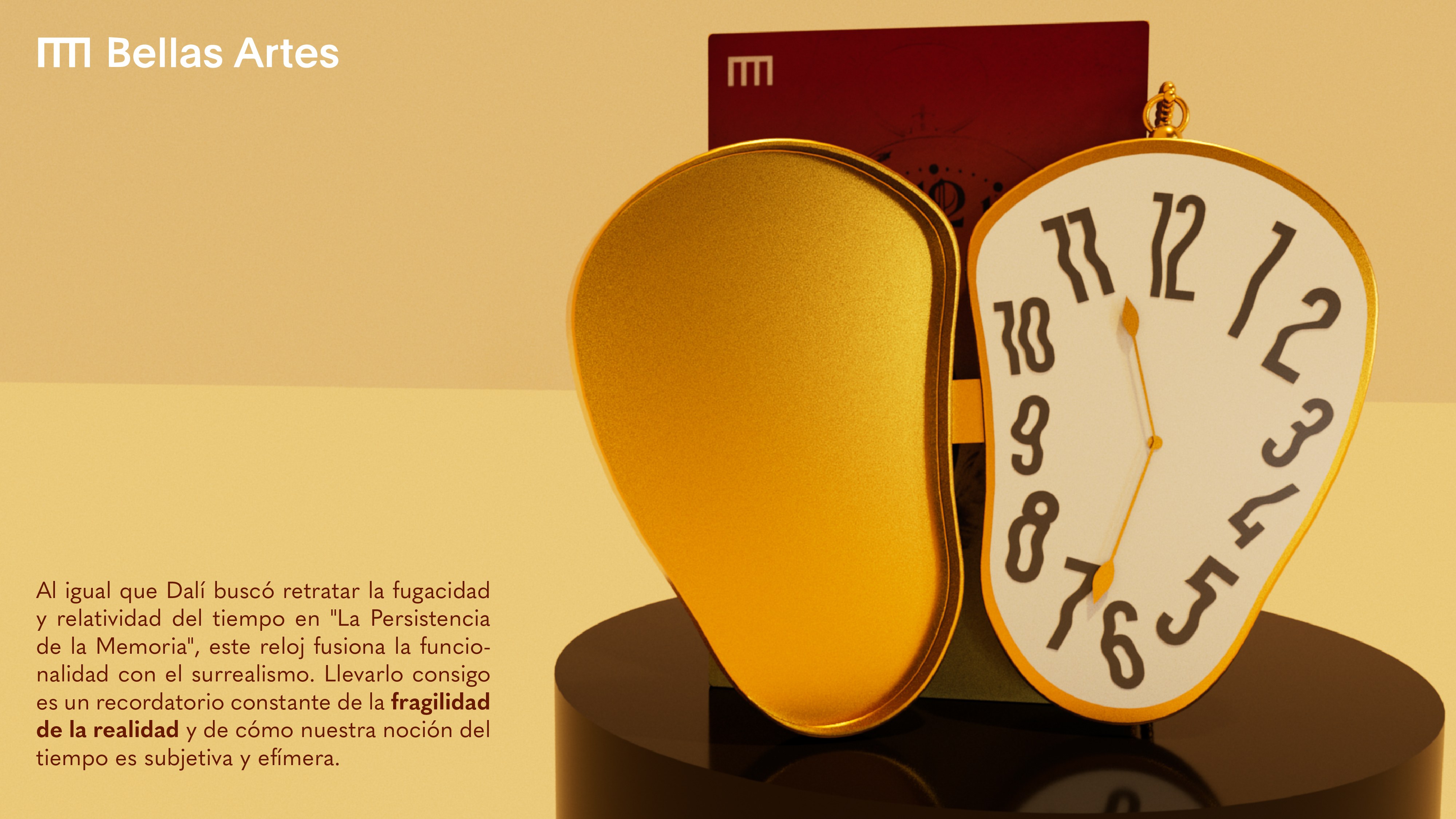 Reloj de bolsillo abierto, con la esfera y los números deformados inspirados en La persistencia de la memoria