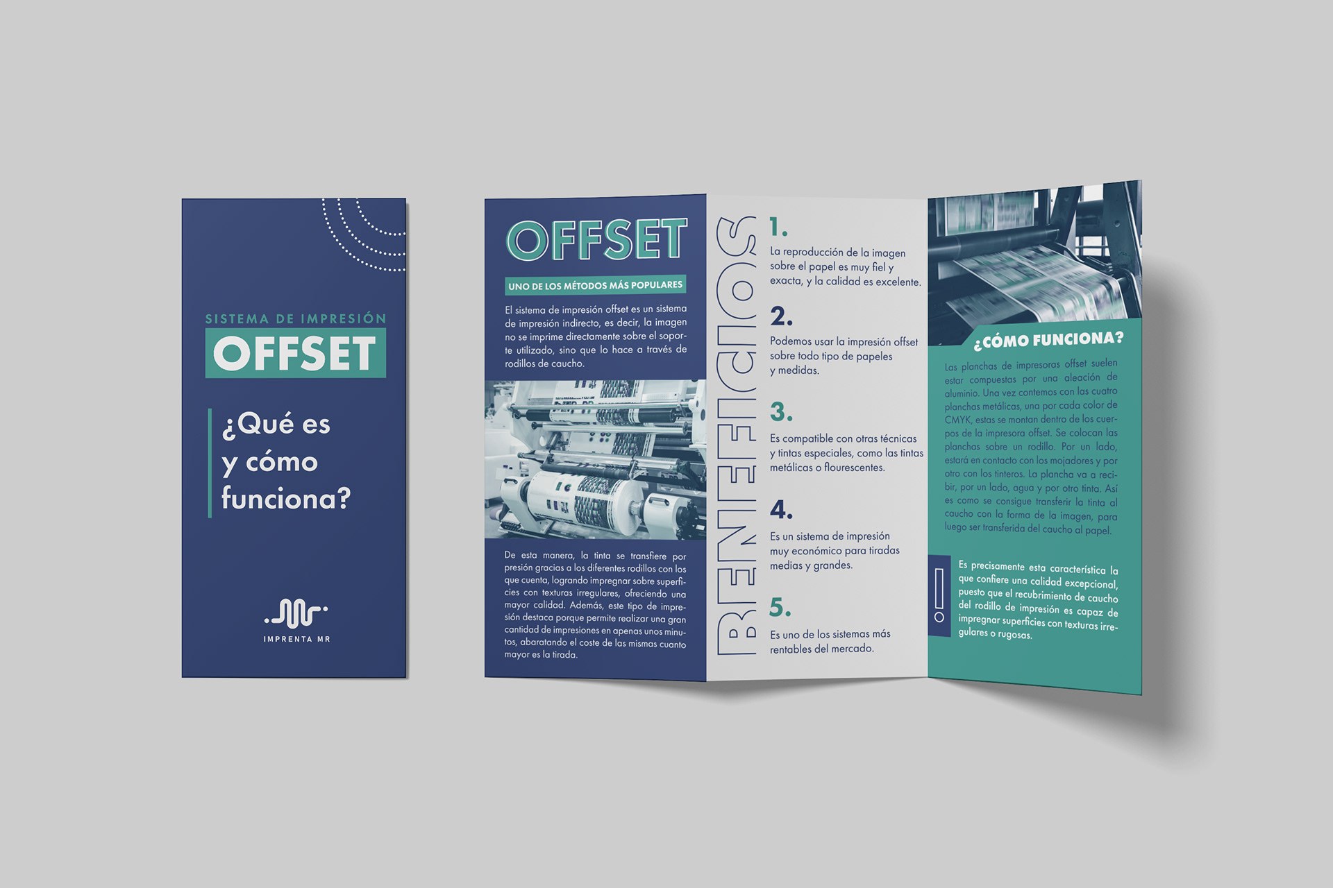 Portada y cara interior desplegada del tríptico sobre el sistema de impresión offset