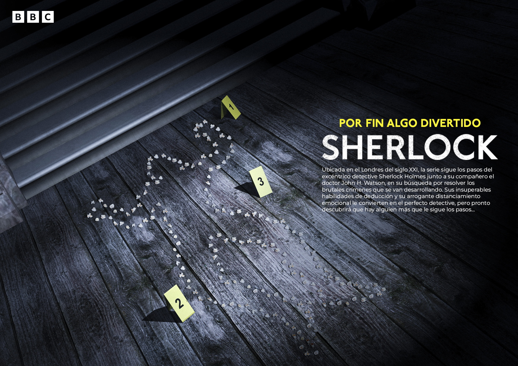 Póster de SHERLOCK: Por fin algo divertido, con pochoclos que dibujan la silueta de un cuerpo en una escena policial