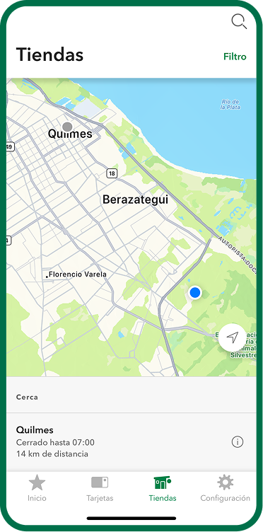 Pantalla anterior del mapa de tiendas