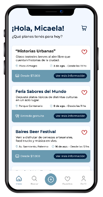 Pantalla de inicio con eventos sugeridos